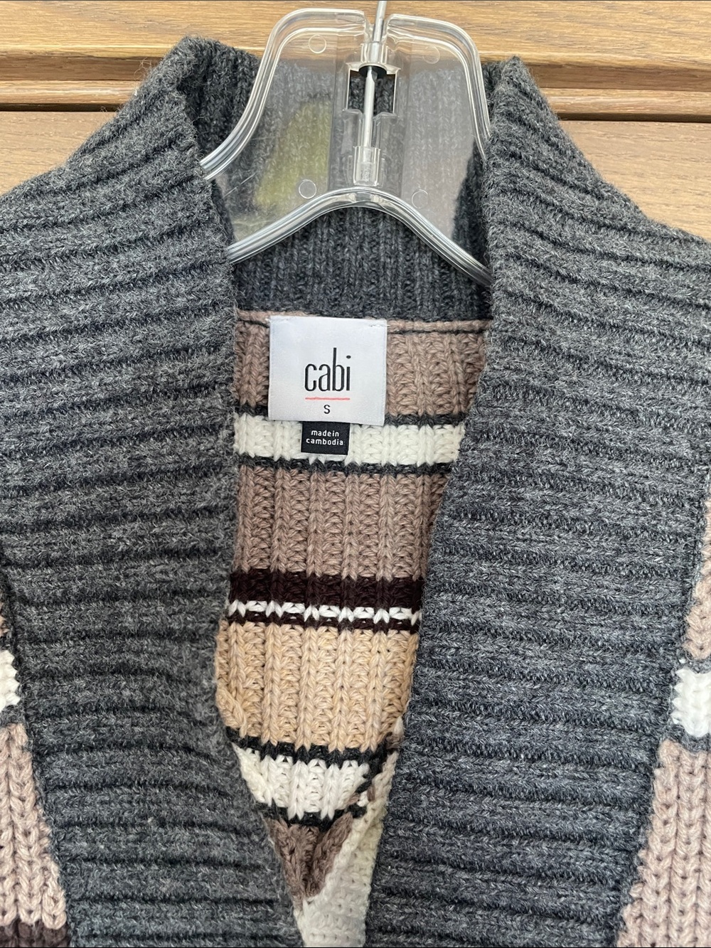 CAbi Striped Shawl Collar Cardigan in Charcoal, Cream & Taupe Size S - Picture 2 of 9